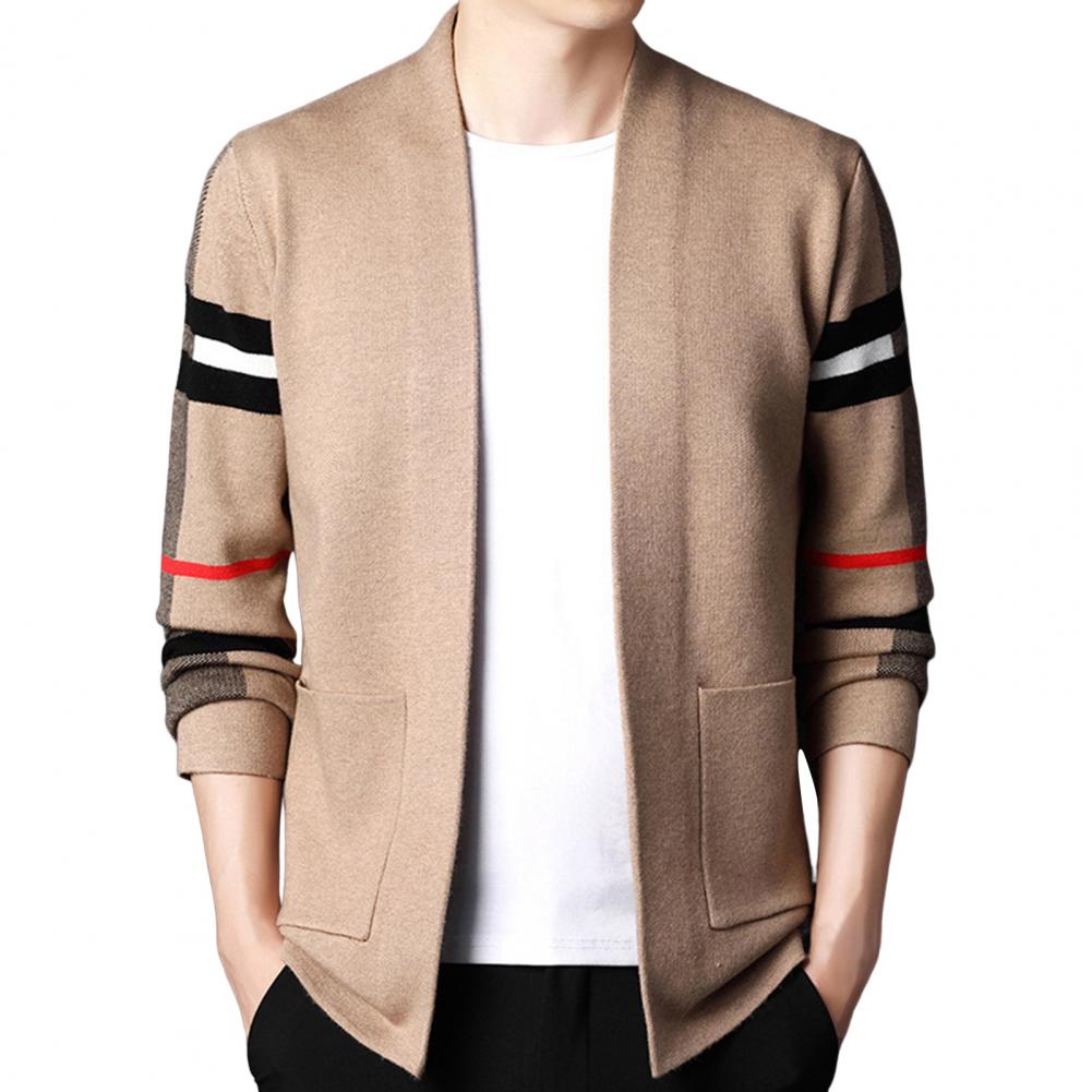 Stylish Knitwear Coat  Thickened Windproof Sweater Coat  Men Splicing Color No Button Knitted Sweater Coat